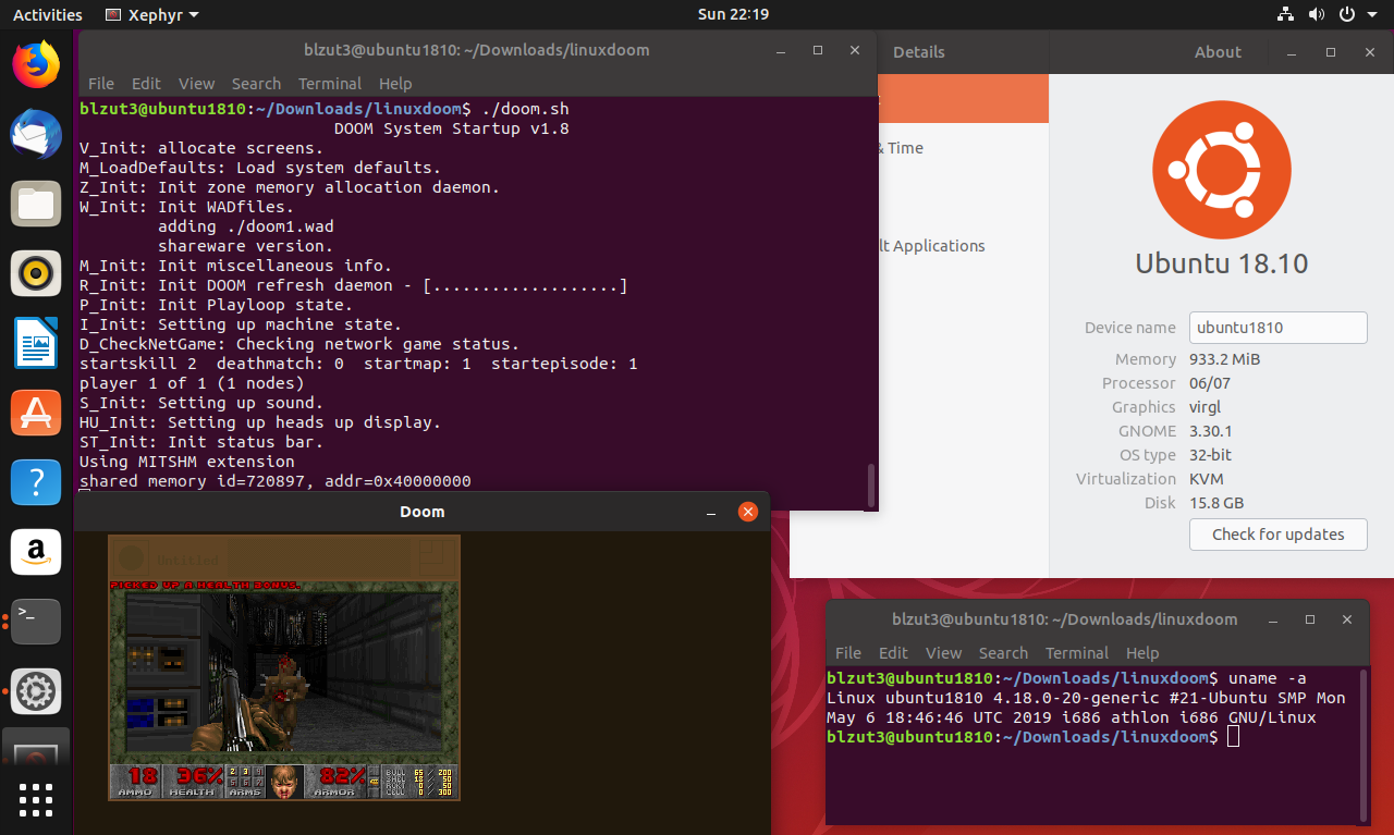 Screenshot of Linux Doom 1.8 running on Ubuntu 18.10